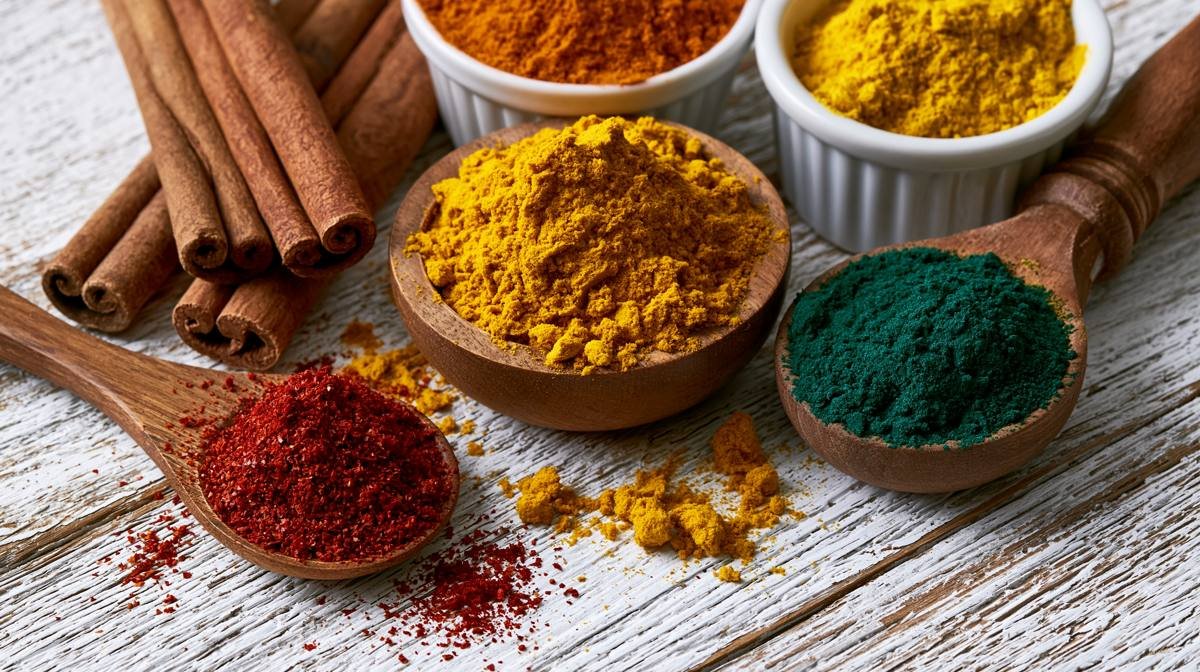Spices, chilies and ground pigments arranged on a worn table